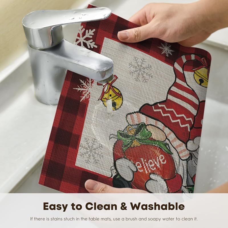 Gnomes Red Buffalo Plaid Christmas Placemats Set of 4, 12 x 18 in, Washable Vinyl