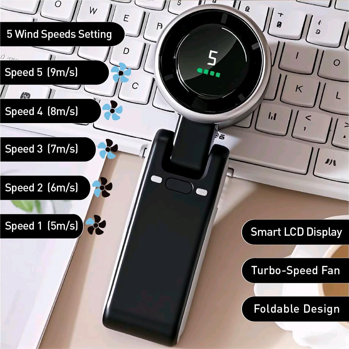 Skiennix Portable Handheld Turbo Fan - 3-in-1 Battery Operated with 5 Speeds & 20H Runtime | Black