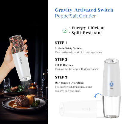 UNNEES Rechargeable Salt And Pepper Grinder Set Electric, Gravity Electric Salt And Pepper Grinder Set Electric, Salt And Pepper Shakers Set Electric, Adjustable Coarseness, LED Light, (Black+White)