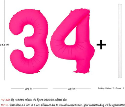 Fluorescent Pink 34th Birthday Balloons - 40" Helium Foil Decorations for Boys & Girls