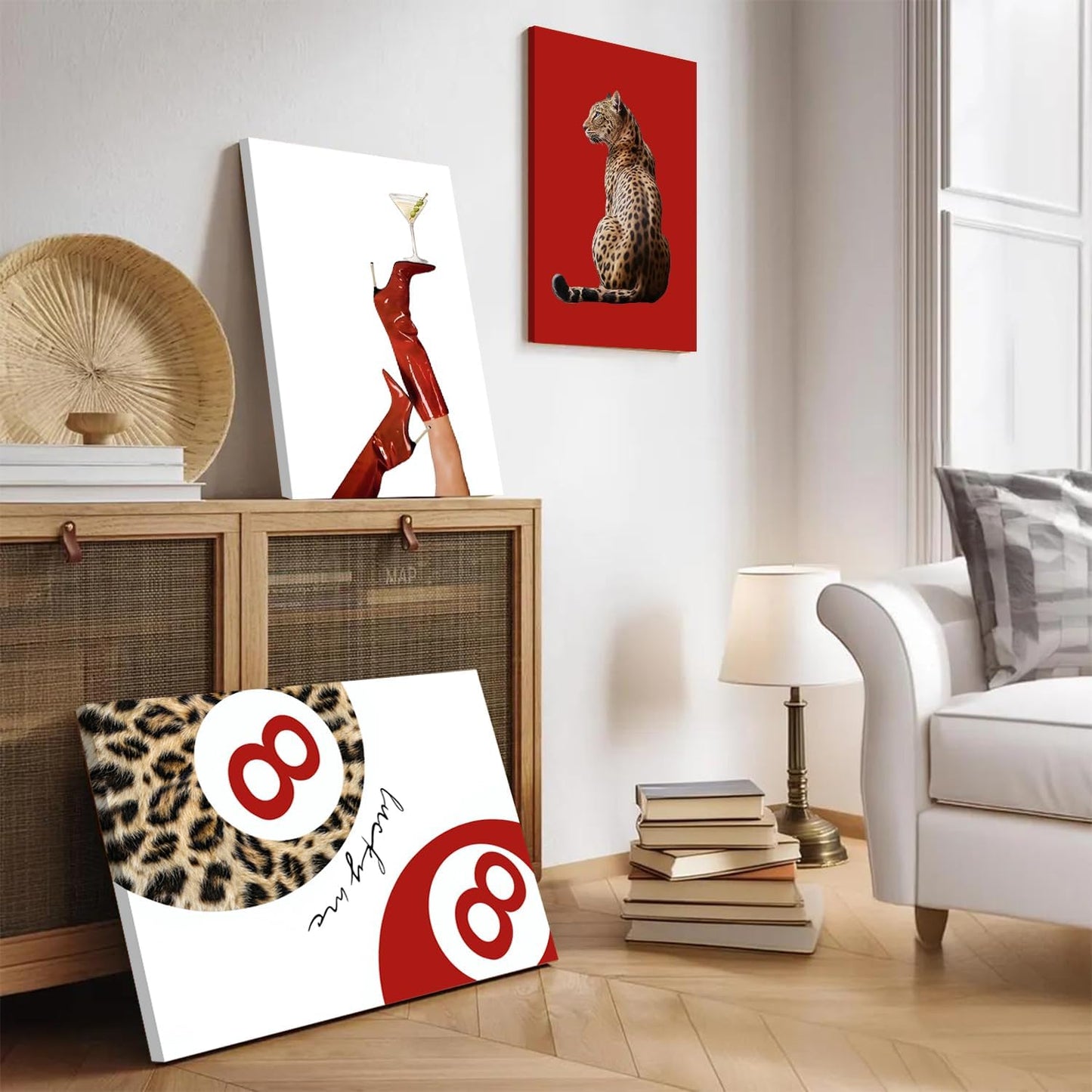 Skiennix Leopard Canvas Wall Art Set - Red Cheetah High Heel & Lucky You 8 Ball Prints | 16x24 Inch Framed Decor for Girls' Bedroom