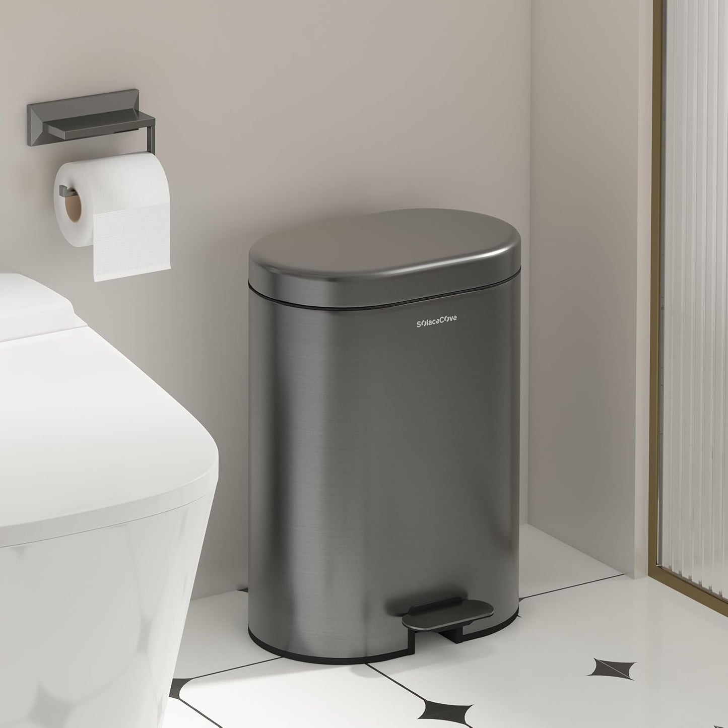Skiennix Small Bathroom Trash Can - 3.2 Gallon Stainless Steel Bin with Soft Close Lid | Volcanic Gray