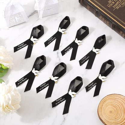 Dove Funeral Ribbons - 50 Pcs Classic Memorial Service Pins with Safety Pins | Black Mourning Bow