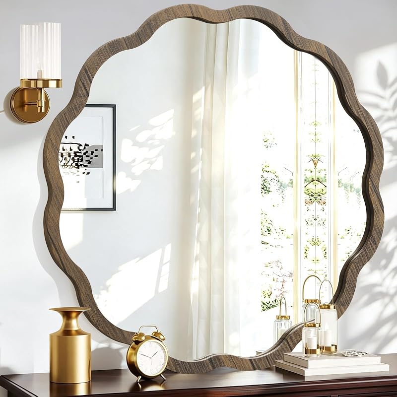 Circle Wall Mirror with Wavy Tan Wood Frame 16" – JJUUYOU Viantge