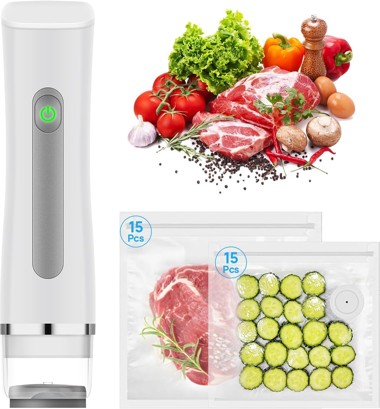 Skiennix Vacuum Sealer - Compact Portable Handheld Food Preservation Machine | 30 Reusable Bags Included