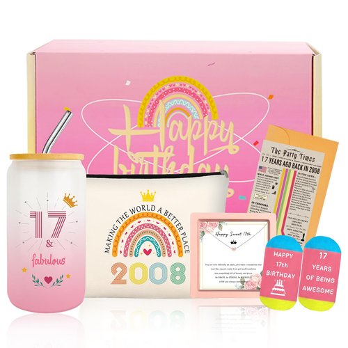 17th Birthday Gifts for Girls, Trendy 17 Year Old Girl Gift Ideas for Her Granddaughter Daughter Niece Teens, Happy 2008 Birthdays Decorations Presents Basket Glass Cup Sock Makeup Bag Necklace