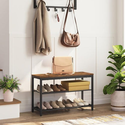 HOOBRO Shoe Bench - 3-Tier Industrial Shoe Organizer with Mesh Shelves - 29.5" Rustic Brown Entryway Storage