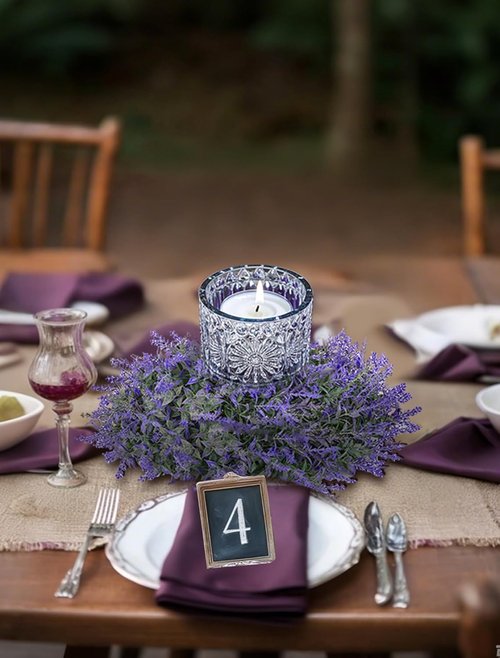 BLOSMON Lavender Centerpieces Wreaths - 2pcs 13 Inch Purple Artificial Flower Candle Rings for Wedding Decor