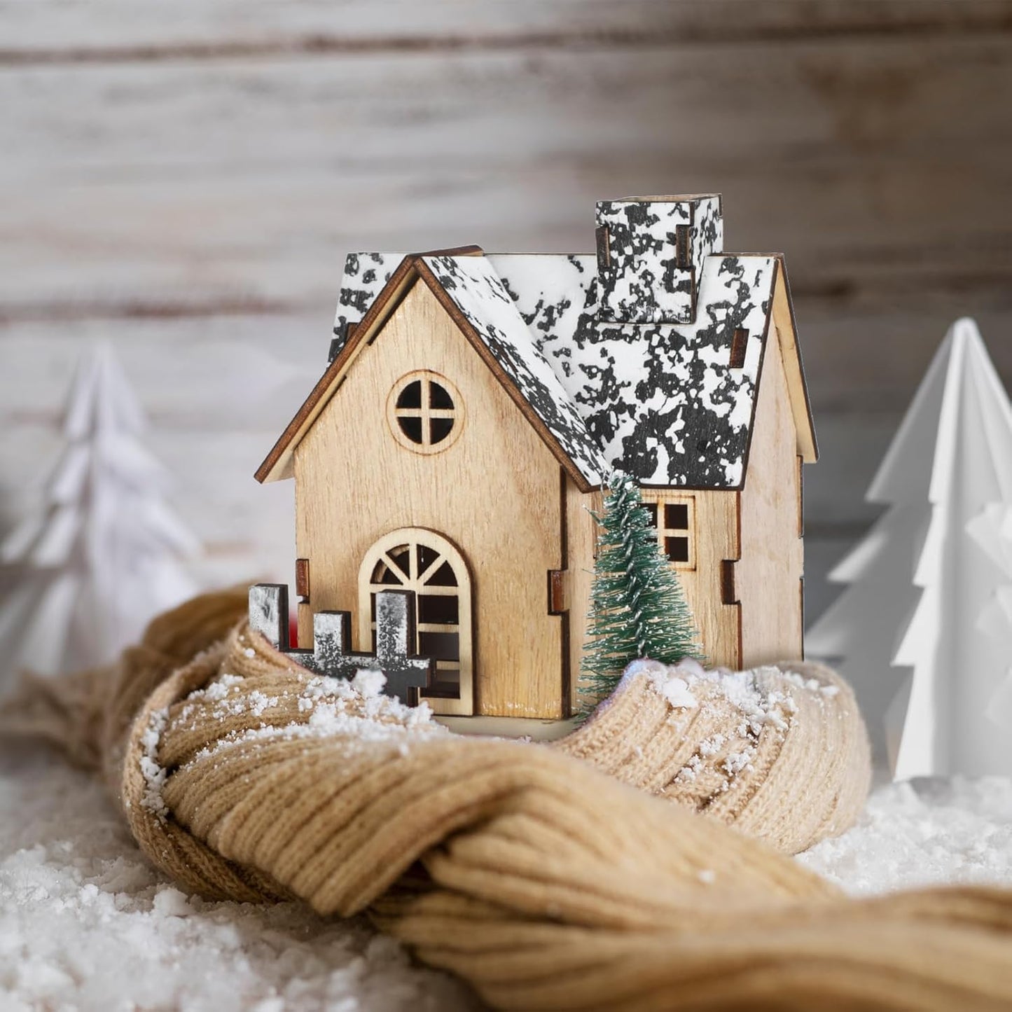 Toyvian Christmas Village Houses Decor - Set of 3 Glowing Wooden Houses with Lights | Holiday Table Centerpieces