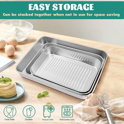 E-far Stainless Steel Baking Pans Set of 3 | Non-Toxic, Dishwasher Safe - 12.5/10.5/9.4 Inch Rectangular Trays for Lasagna, Brownies & Cookies