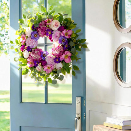 Regine Switzerland 24-Inch Spring Wreath - Blush Pink Roses & Purple Blooms for Home Decor | Indoor/Outdoor Use