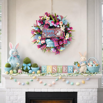 Spring Easter Bunny Wreath - 22 Inch Floral Design with Pink Tulips for Front Door Decor