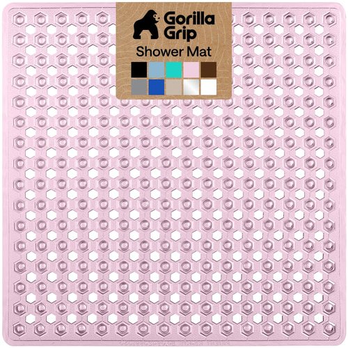 GORILLA GRIP Patented Square Shower Stall Mat, Small Bathtub Floor Mats for Stand Up Showers, Suction Cups and Drainage Holes, Machine Wash, Soft on Feet, Bathroom Accessories 21x21 Inch, Light Pink