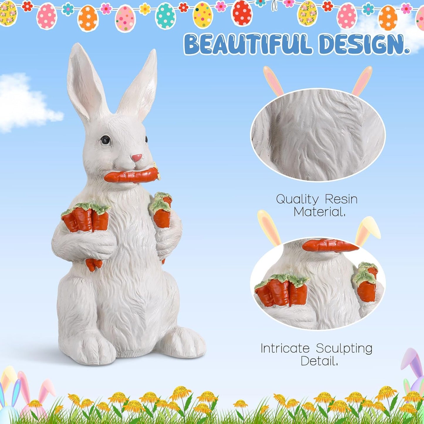 Yookeer 13-Inch Large Bunny Sculpture - Spring Resin Rabbit Figurine with Carrot for Easter Decor