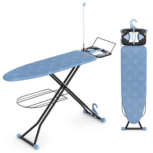 KINGBOARD Ironing Board, Compact Iron Board Full Size with Extra Thick Cover, 7 Adjustable Heights Stand with Hanger and Iron Rest, Large Heavy Duty Ironing Board with Storage Tray, 13x43 Blue