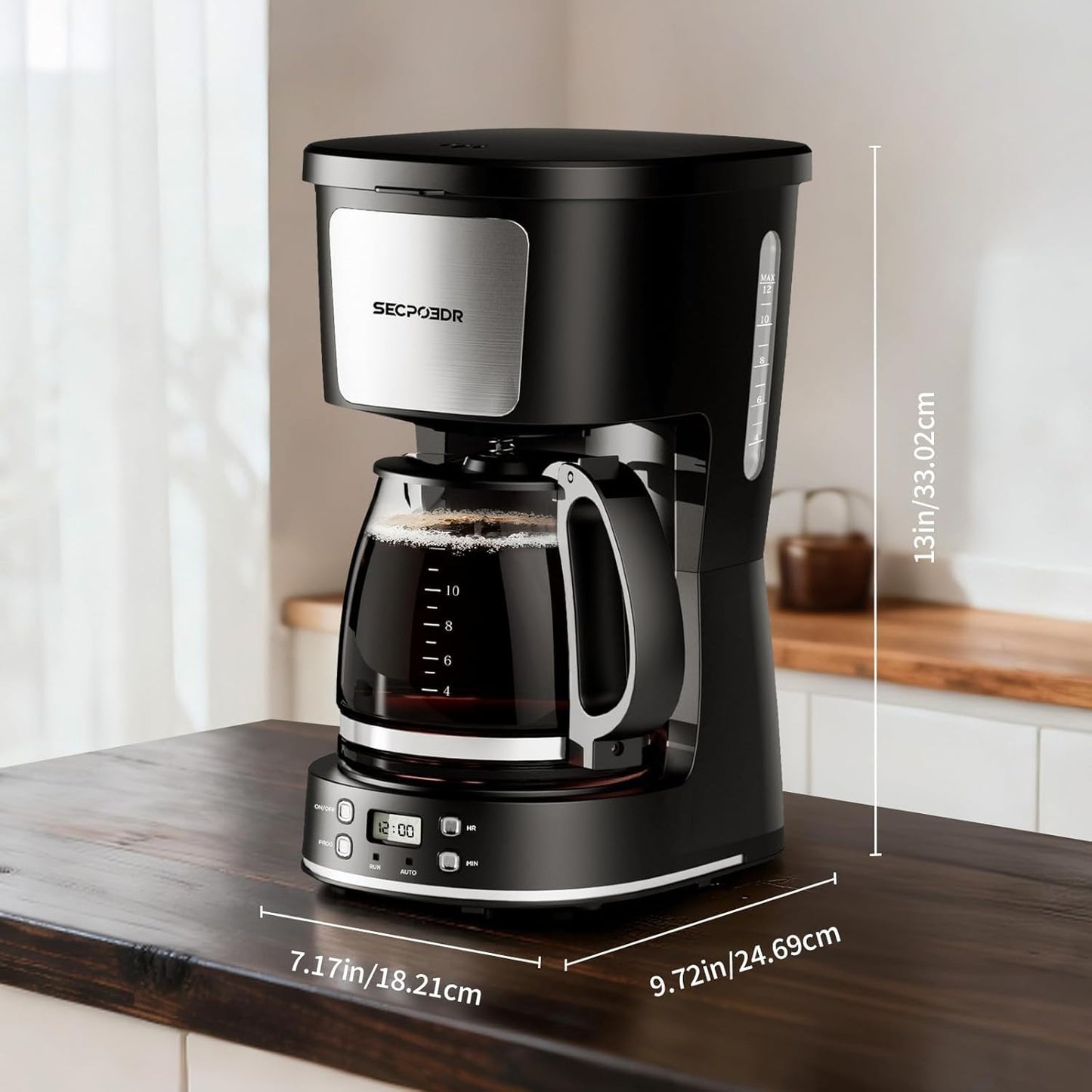 Skiennix 12-Cup Drip Coffee Maker - Programmable, Reusable Filter, Compact Design | Silver & Black
