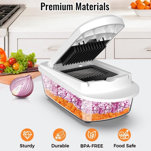 12 Blade All-in-1 Vegetable Chopper | Mandoline Slicer with Container & Spiralizer - White