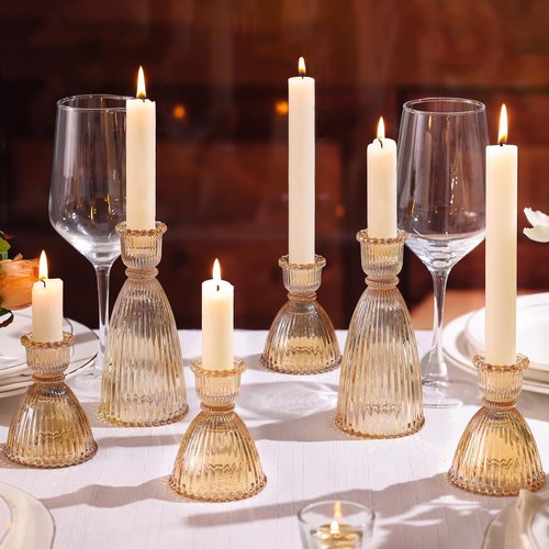 LAMORGIFT Gold Candlestick Holders Set - 4pcs 3.5" & 2pcs 6" Assorted Taper Candle Holders for Weddings | Modern Ribbed Glass Decor