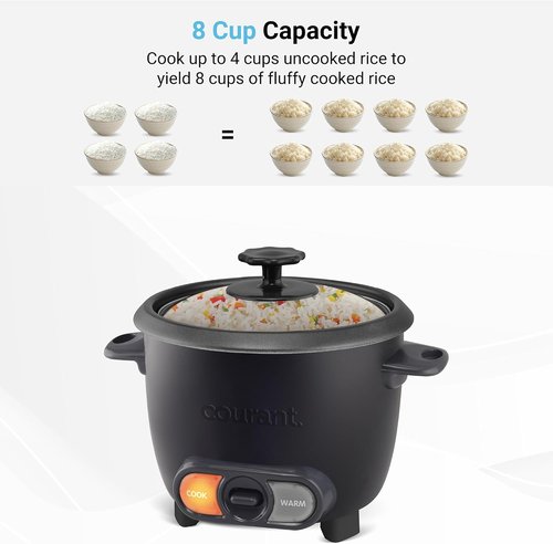 Courant Rice Cooker - 8-Cup Capacity, Removable Non-Stick Bowl, One-Touch Operation, Black