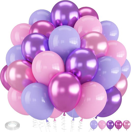 Regine Switzerland 60 PCS Pink & Purple Balloons - 12 Inch Metallic Latex for Princess Birthday & Baby Shower Decorations
