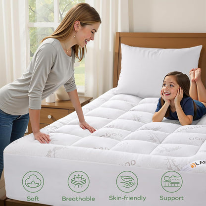 OLANLY Queen Mattress Topper - Cooling Bamboo Viscose Pillow Top for Back Pain Relief | Plush Down Alternative, White