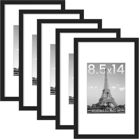 Upsimples 8.5x14 Picture Frame Set of 5 - Versatile Wall Gallery Frames for 7x10 or 8.5x14 Photos | Black
