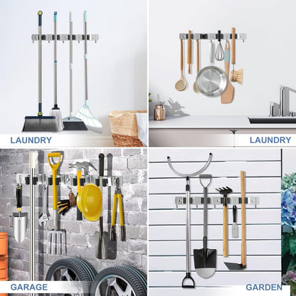 Nacena Broom Holder Wall Mount - Heavy Duty Stainless Steel Mop Hanger with 4 Racks & 5 Hooks | Silver