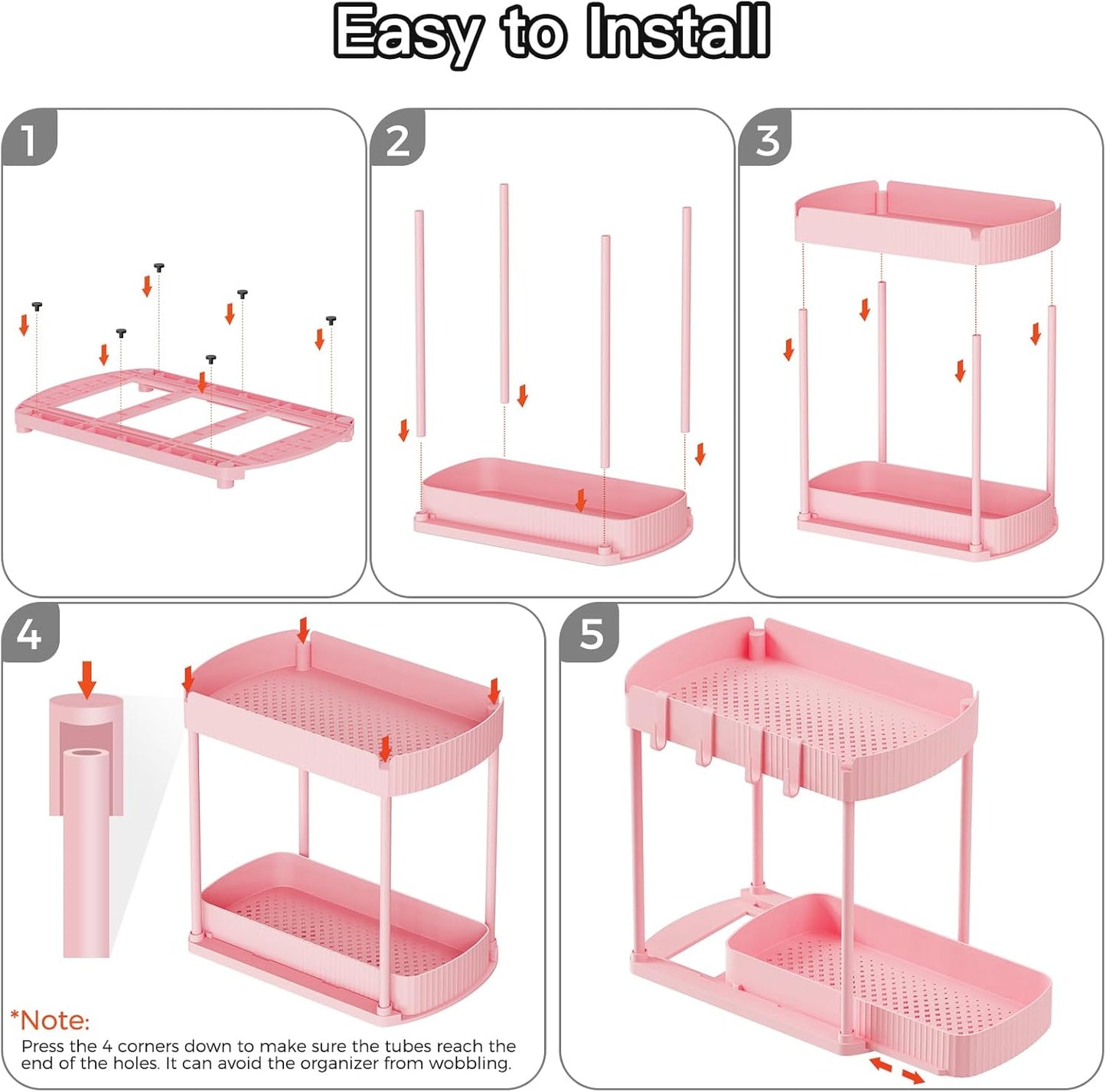 Ukeetap Multi-Purpose Pull-Out Storage Organizers - 12.8 Inch Under Sink & Cabinet - Pink (2 Pack)