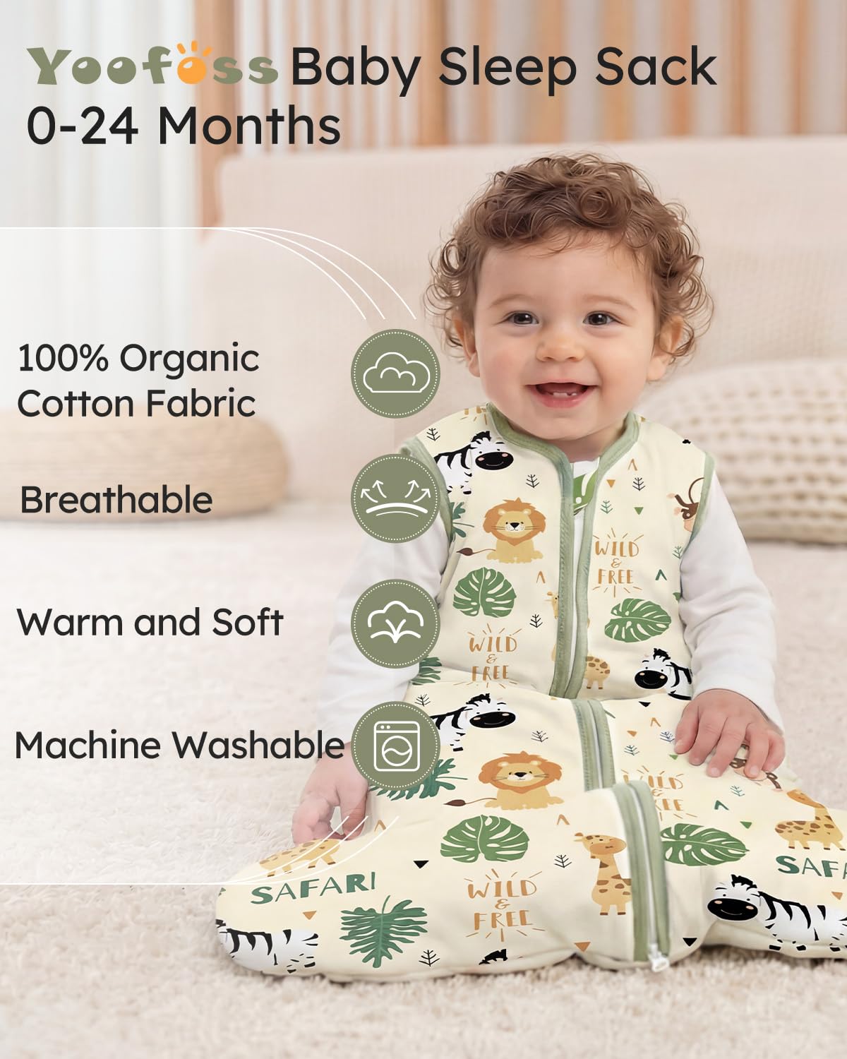 Yoofoss Baby Sleep Sack - 1.5 Tog Organic Cotton Wearable Blanket for 12-18 Months | Warm & Comfy