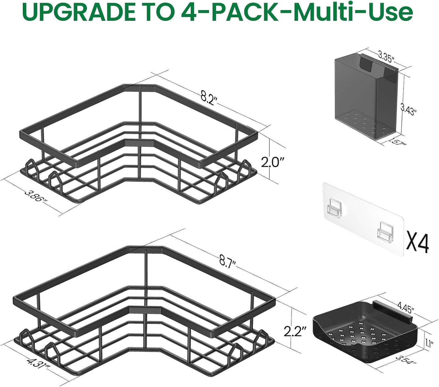Skiennix Adhesive Shower Caddy - 4 Pack Corner Bath Organizer | Rustproof Stainless Steel, No Drilling