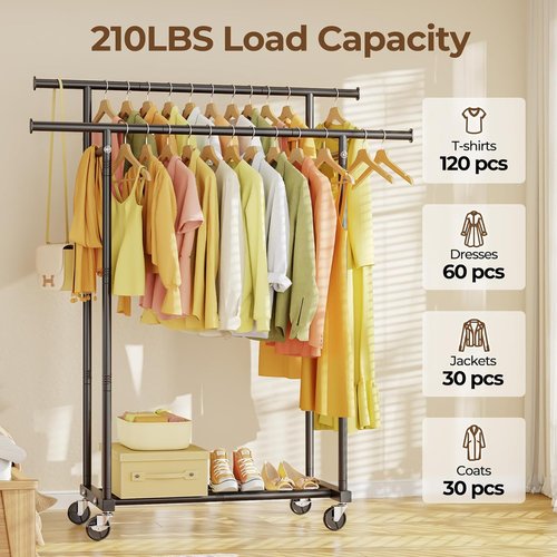 HYSEYY Rolling Clothes Rack - Sturdy Double Rod Portable Wardrobe for Bedroom & Laundry | Black