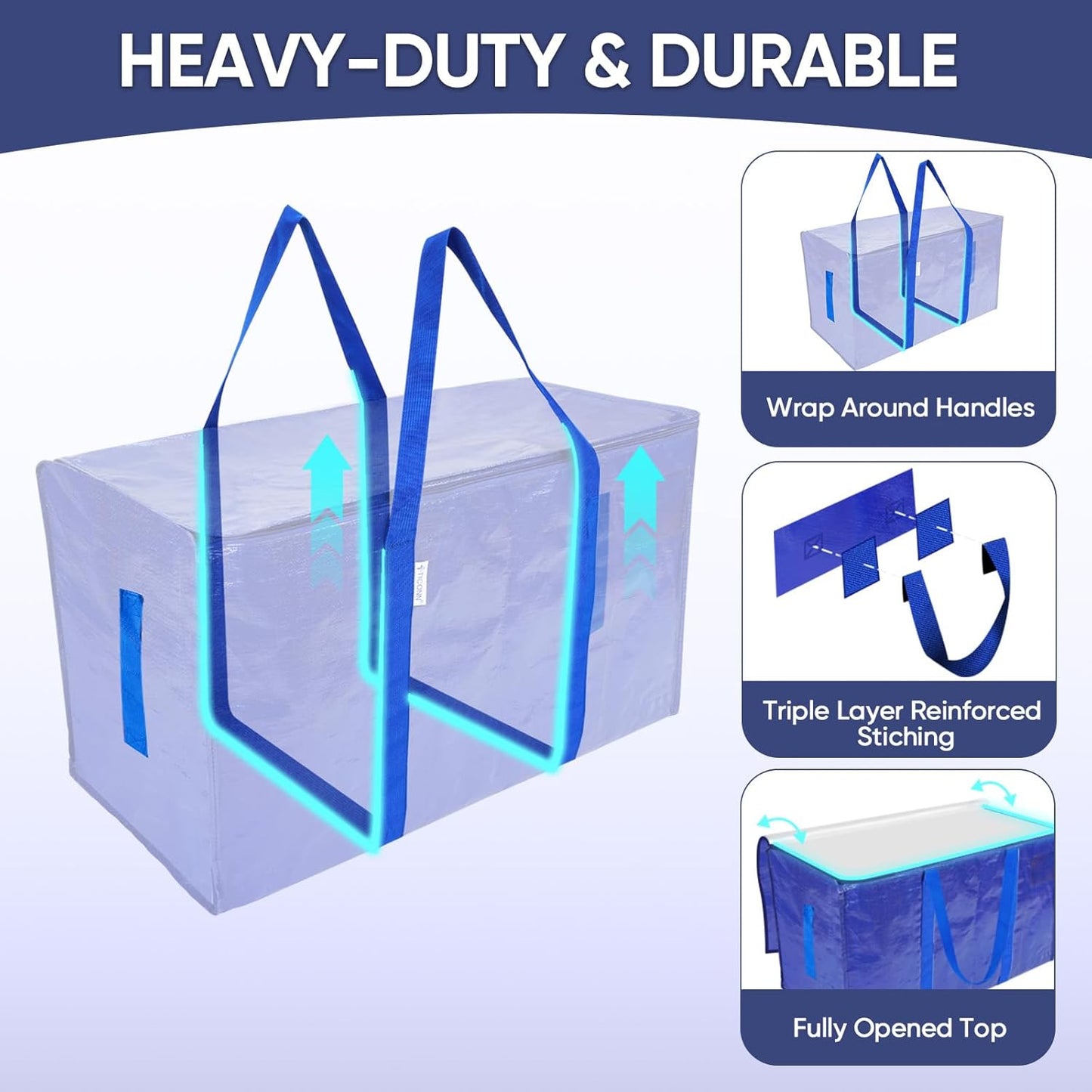 TICONN Extra Large Heavy-Duty Moving Bags - Durable Storage with Zippers & Handles | 6 Pack, Blue