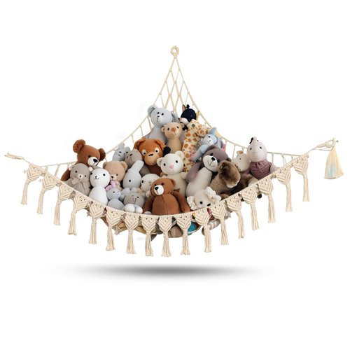 Abby Baby Extra Large Stuffed Animal Hammock with LED Lights 100% Natural Cotton Macrame Toy Storage Net for Plushies & Squishmallows Boho Macrame Corner Organizer for Kids’ Room or Nursery (Beige)