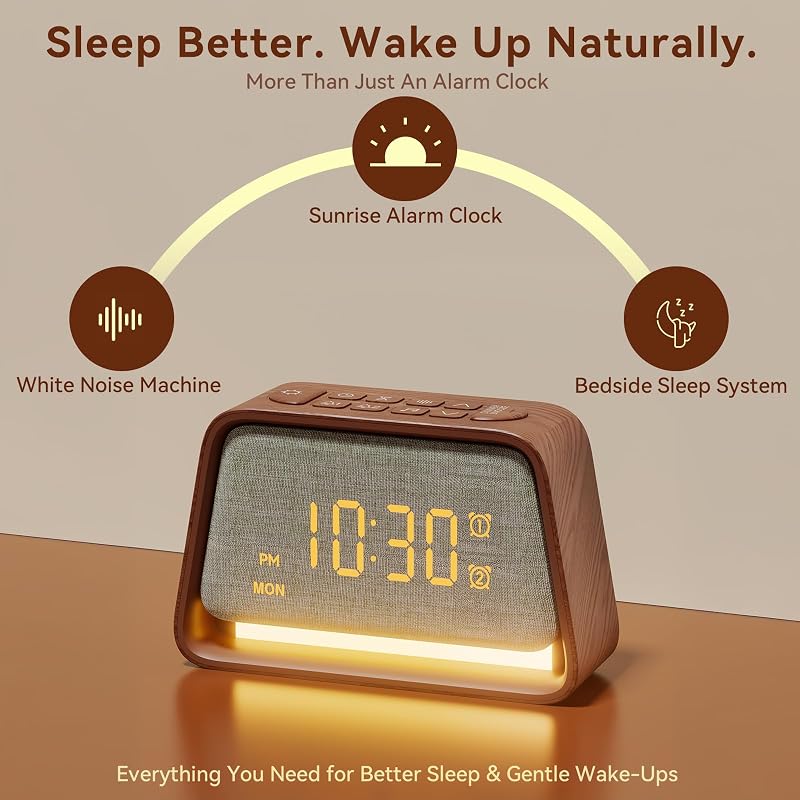 Alarm Clock with White Noise Machine & Night Light – Dark Wood Grain, Dual Alarm