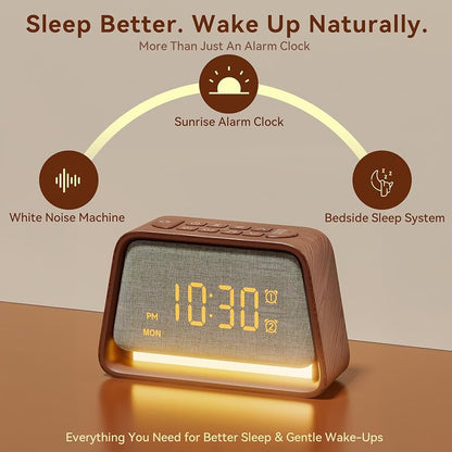 Alarm Clock with White Noise Machine & Night Light – Dark Wood Grain, Dual Alarm