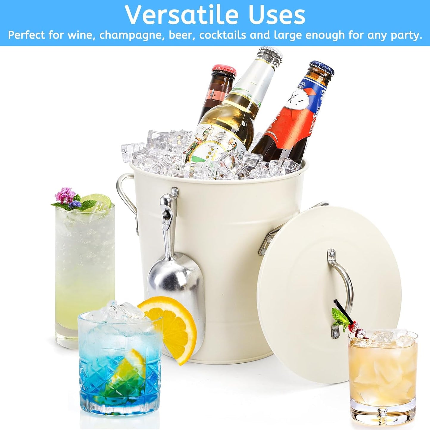 YOUEON 4L Ice Bucket with Scoop and Lid, Double Walled Insulated Wine Bucket Chiller with Carry Handles, Beverage Tub for Cocktail Party, Camping, BBQ, Indoor & Outdoor Use, White