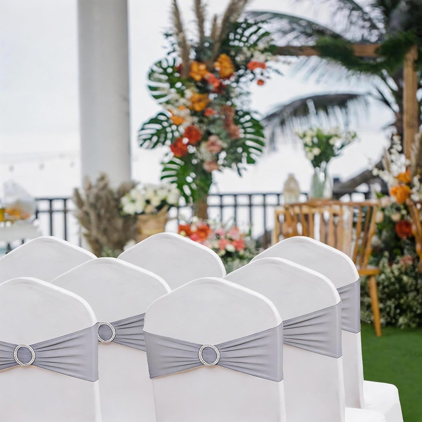 Skiennix 50 Pack Spandex Chair Sashes - Silver Grey with Slider Buckles for Weddings & Events