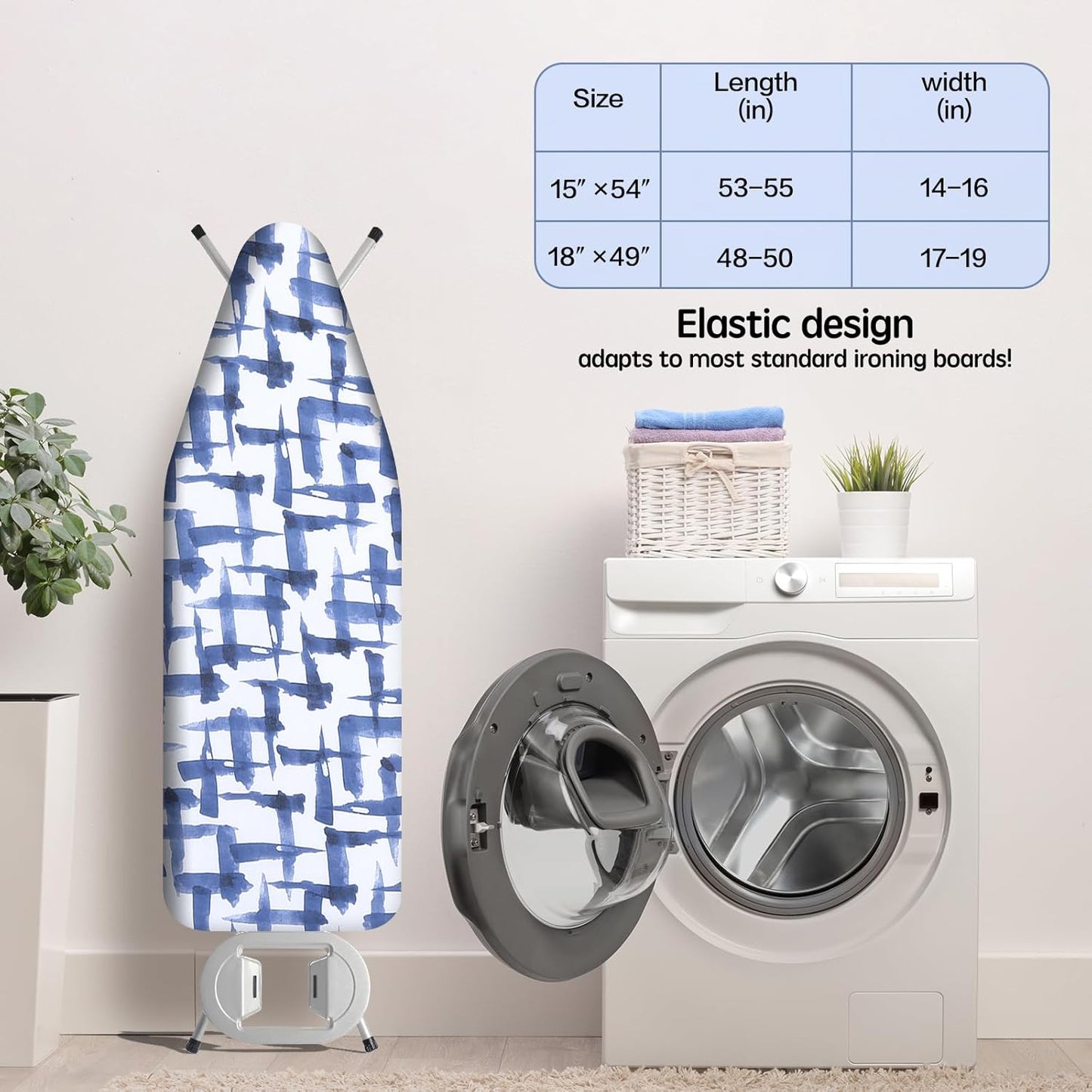 Skiennix Ironing Board Cover - Durable Stain Resistant Pad with 4 Layers, 15 x 54, Blue Brushstrokes