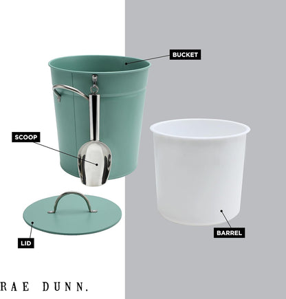 Rae Dunn Ice Bucket with Scoop - Stainless Steel Bucket with Handle, Lid and Ice Scooper - 4 Qt. Storage Bin for Ice Cubes for Bars, Parties, Backyard Barbeques, Picnics, and Camping (Sage)