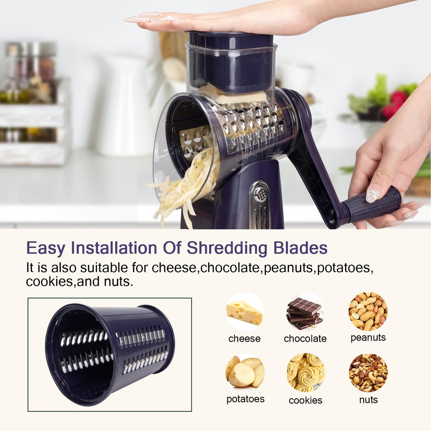 Rotary cheese grater - hand-cranked,5in1 washable & easy to clean - perfect for chefs, cuts cheese, veggies, fruits, nuts, crackers - upgraded model with strong suction-Hand Crank Cheese Grater