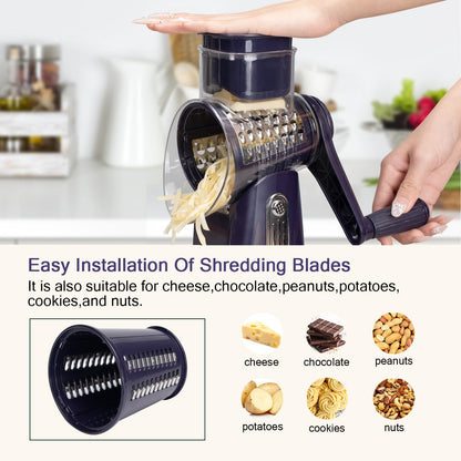 Rotary cheese grater - hand-cranked,5in1 washable & easy to clean - perfect for chefs, cuts cheese, veggies, fruits, nuts, crackers - upgraded model with strong suction-Hand Crank Cheese Grater