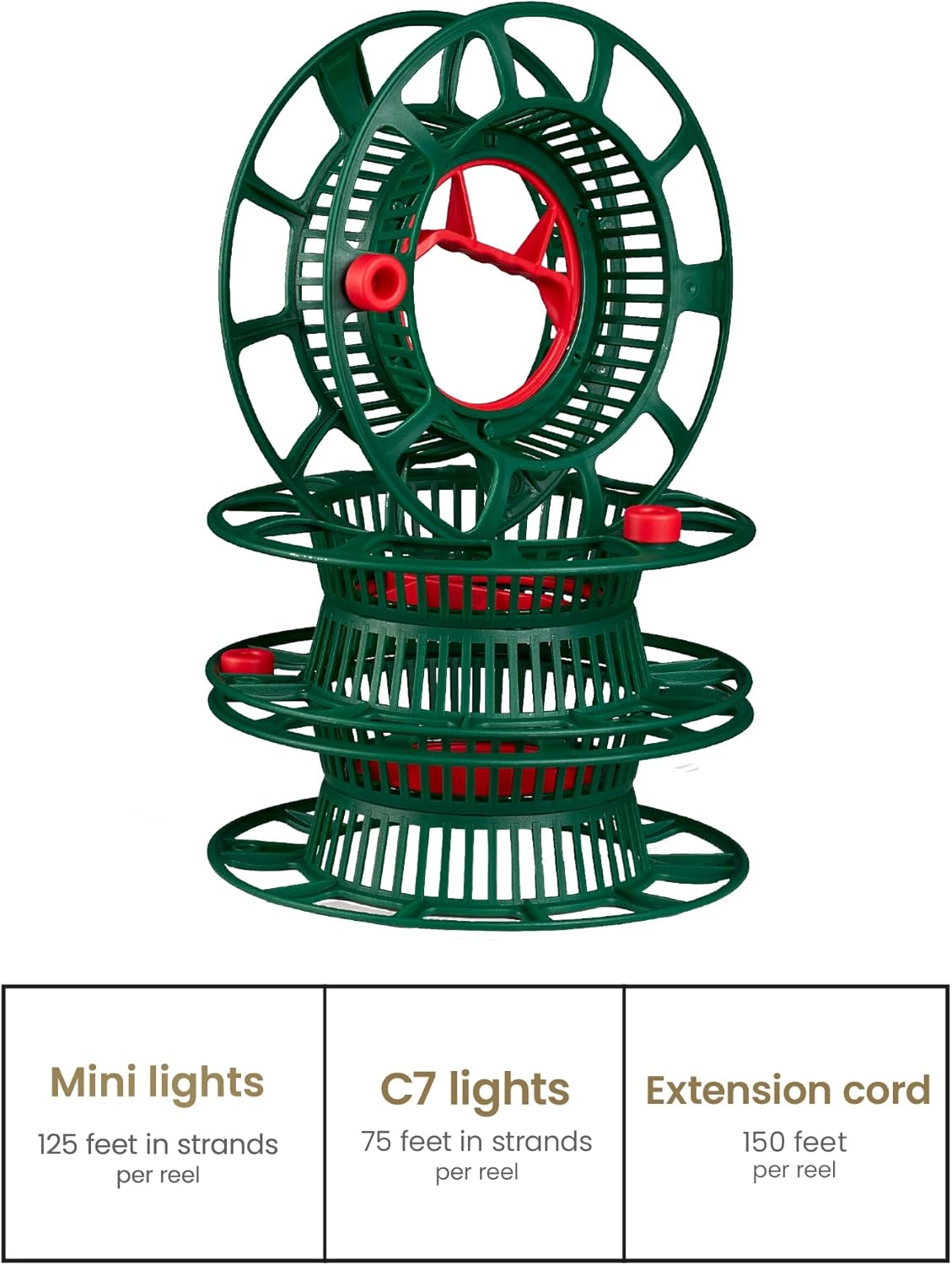 ZOBER Christmas Light Storage Reels - Durable Organizer with 3 Wheels - Fits 200 Mini Lights - Red