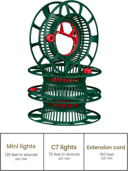 ZOBER Christmas Light Storage Reels - Durable Organizer with 3 Wheels - Fits 200 Mini Lights - Red