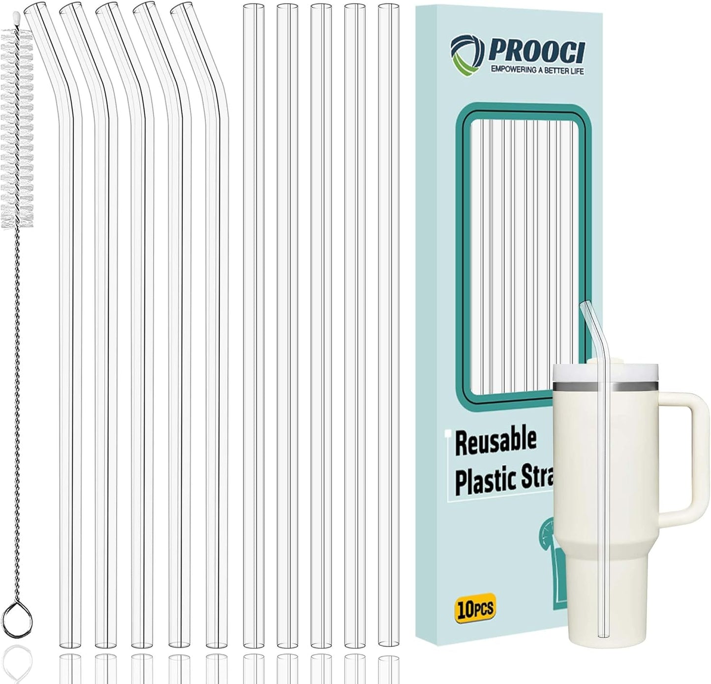 PROOCI 12" Replacement Straws - 10-Pack Food Grade Tritan Plastic for Stanley & Yeti Tumblers | Clear Reusable Straws with Cleaning Brush
