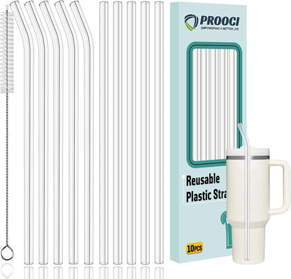 PROOCI 12" Replacement Straws - 10-Pack Food Grade Tritan Plastic for Stanley & Yeti Tumblers | Clear Reusable Straws with Cleaning Brush