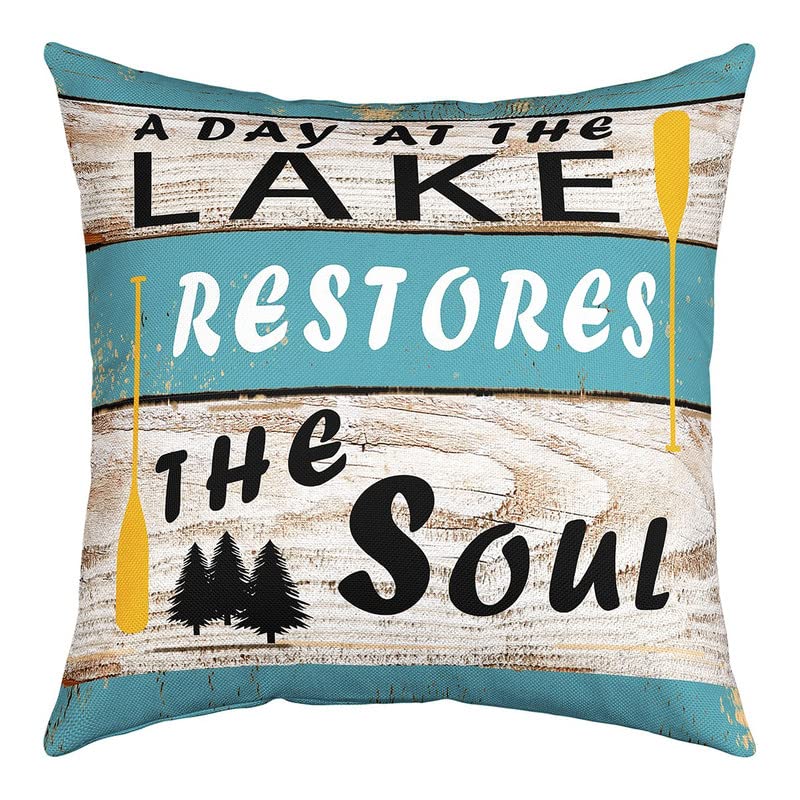 Feelyou Lake Throw Pillow Covers for Couch Sofa Bed, Set of 4 Wood Grain Lake Theme Decorative Pillows Cushion Covers,Farmhouse Blue Red Brown Pillow Inserts Not Included, 18x18 inch