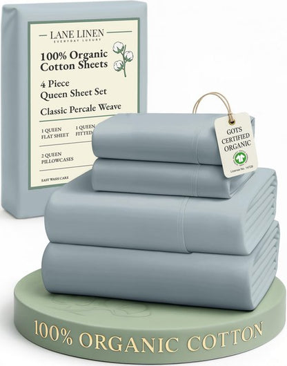 LANE LINEN 100% Organic Cotton Eco Friendly Sustainably Produced Queen Sheets Set, Low Pill Fade Resistant Machine Wash Fully Elasticized Cotton Bedding Queen Set- French Blue