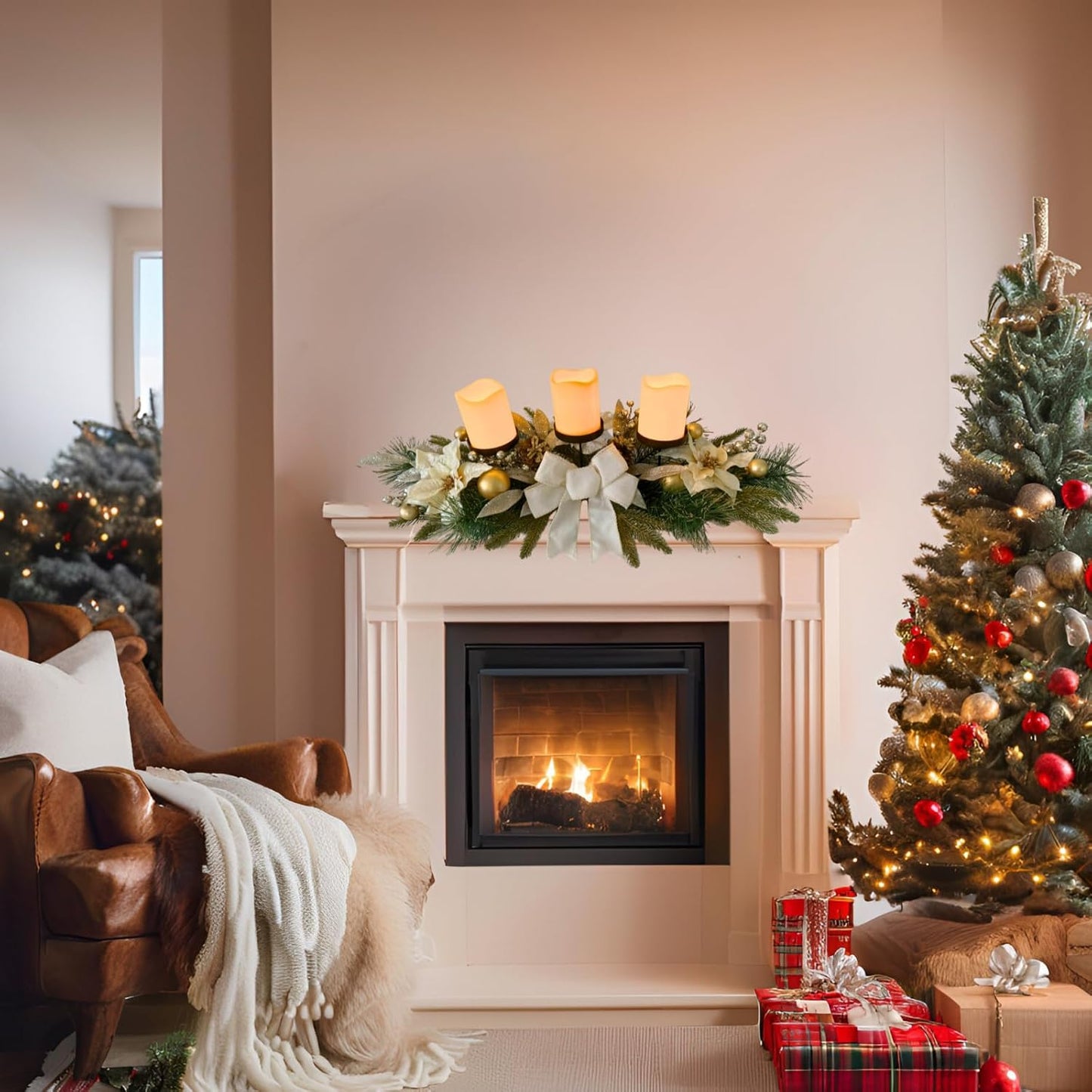 Svndlyn Christmas Candle Holders - Elegant 3-Piece Centerpiece with Poinsettia Flowers & Glitter Pine Branches