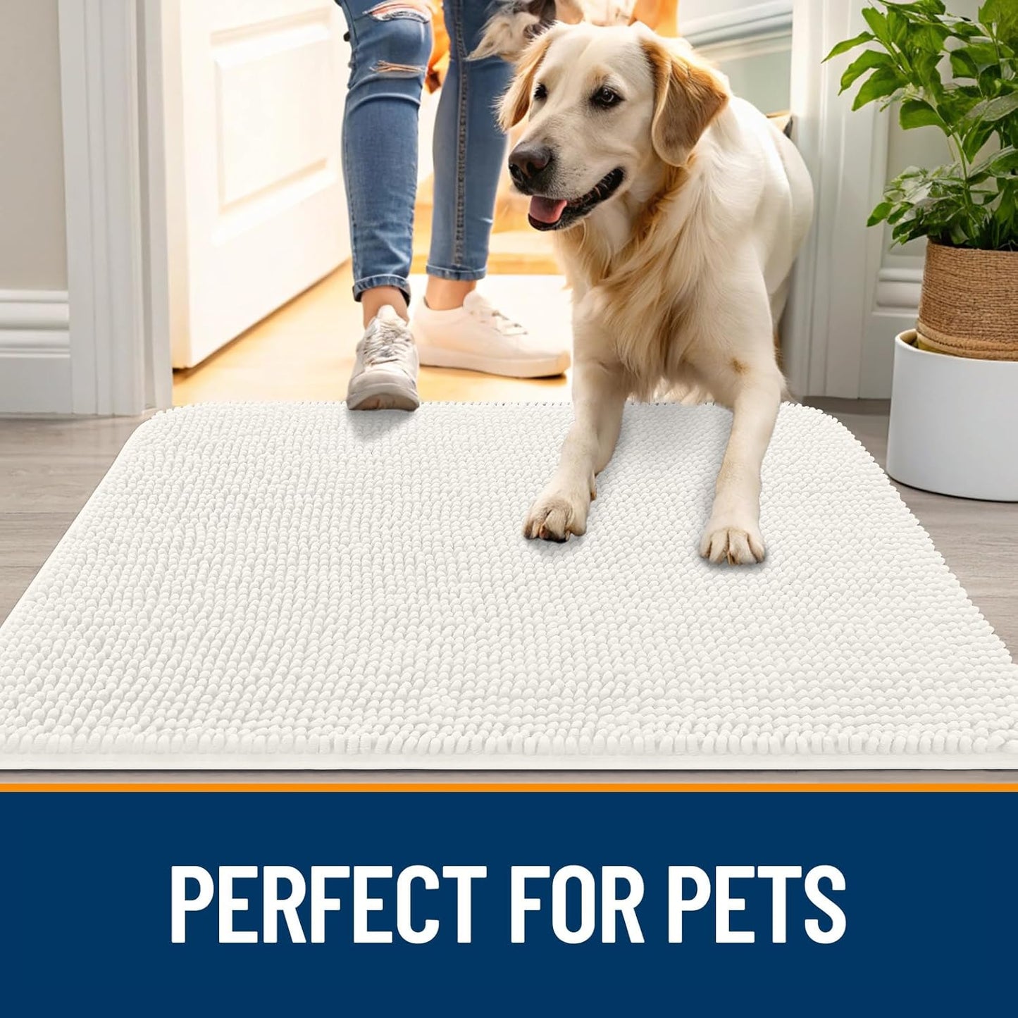 OLANLY Dog Door Mat - Absorbent Non-Slip Mud Mat for Indoor Use | 47x32, Quick Dry Chenille, Ivory