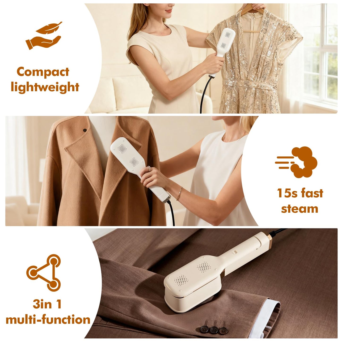 TeSabMi Travel Steamer for Clothes, 3 In 1 Steam, Iron & Press, 15s Heat Up, Lightweight Clothes Steamer, Flip-Design Handheld Portable Steamer, Travel/Home/Office Use